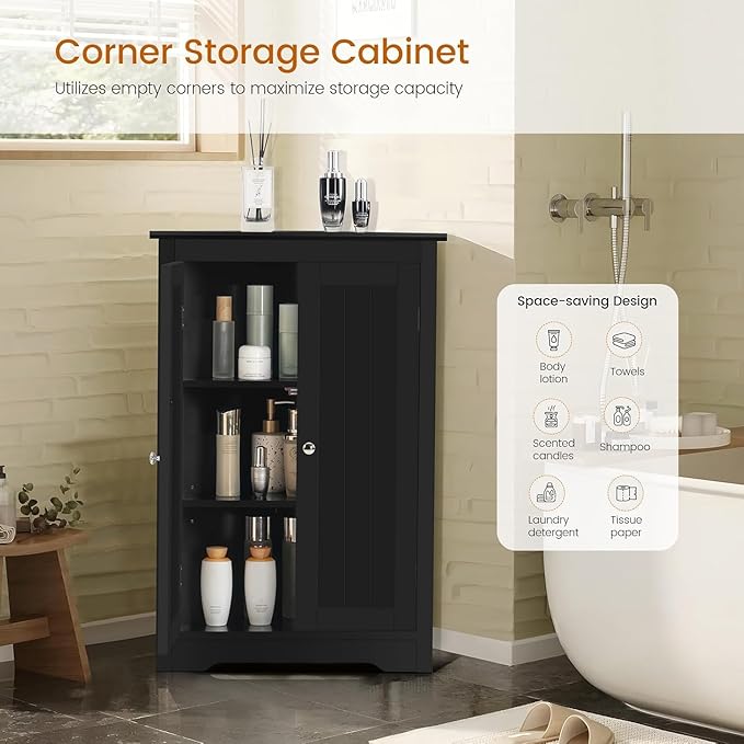 Iwell Corner Cabinet, Corner Bathroom Cabinet with 2 Doors & Adjustable Shelves, for Bathroom, Living Room, Kitchen, Black