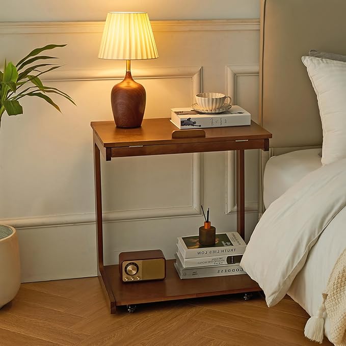 CozyDH Adjustable C Shaped End Table, Rolling Side Table Solid Wood TV Sofa Tray Table for Couch Arm Eating Multi-Purpose, Small Coffee Table with Wheels Living Room Bedroom, Walnut