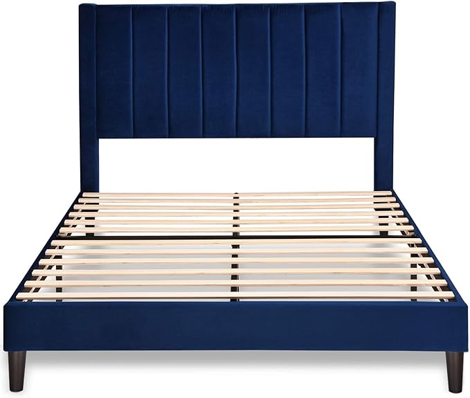 SHA CERLIN Full Bed Frame/Velvet Upholstered Platform Bed Frame with Headboard/Strong Wood Slats Support/Mattress Foundation/No Box Spring Needed - Dark Blue
