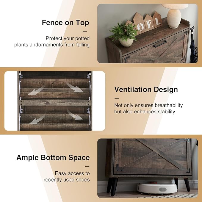 Shoe Storage Cabinet,Farmhouse Shoe Organizer with 2 Flip Drawers & Barn Door Design,Freestanding Hidden Slim Narrow Shoe Rack Cabinet for Entryway,Foyer,Hallway,Rustic Brown