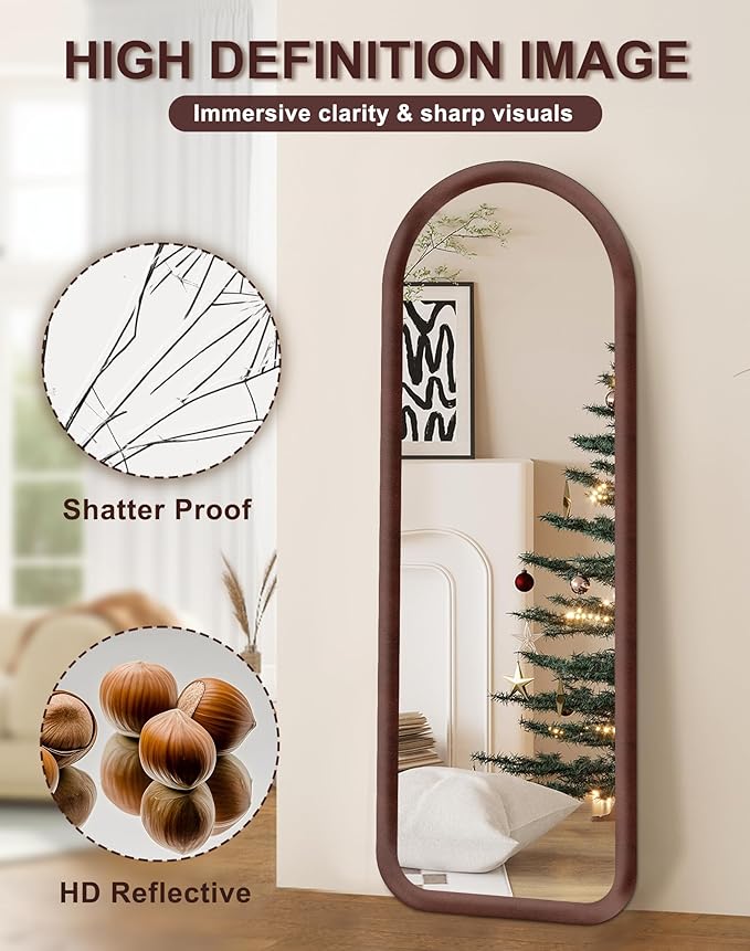 Delma Arched Full Length Mirror, Free Standing Floor Plush Flannel Frame Mirror for Leaning or Hanging, Soft Touch Bedroom & Living Room Decor, Dark Brown