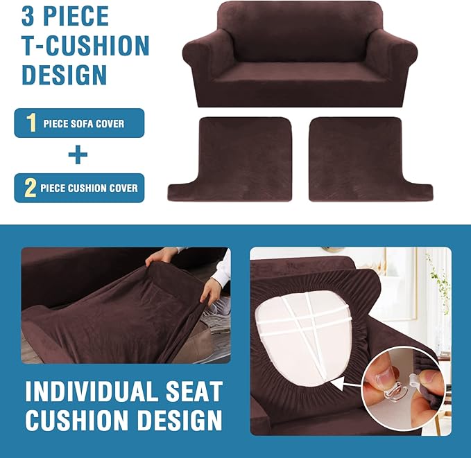 H.VERSAILTEX Sofa Cover 3 Piece T Cushion Loveseat Slipcovers Thick Velvet Couch Cover Furniture Protector Stretch T Cushion Sofa Covers for 2 Cushion Couch with 2 T Cushion Covers Washable, Brown