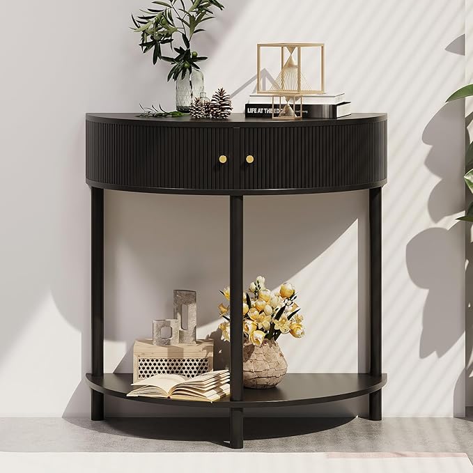 Fluted Half Moon Console Table 2 Tier Narrow Entryway Table with Storage for Small Space Modern Wood Sofa Table with Doors and Gold Knobs Boho Home Decor