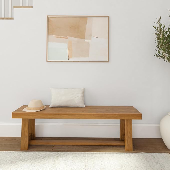 Plank+Beam 60 Inch Farmhouse Dining Bench, Solid Wood Entryway Bench, Wooden Outdoor Bench, Kitchen Dining Seat, Dining Room, Home Office, Living Room Furniture, Easy Assembly, Pecan Wirebrush