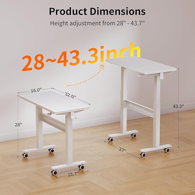 Mobile Walking Pad Desk with Wheels, Pneumatic Small Rolling Standing Desk Riser Height Adjustable (28-43.7") for Treadmill, Portable Computer Table for Home Office, White