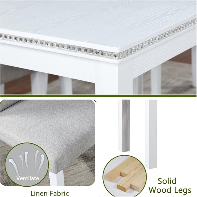 Dining Table Set, 6 Piece Counter Height Dinner Set with Rectangular Table, 4 Upholstered Chairs and Bench, Wooden Linen Dining Table and Chairs Set with Crystal Decoration, Beige