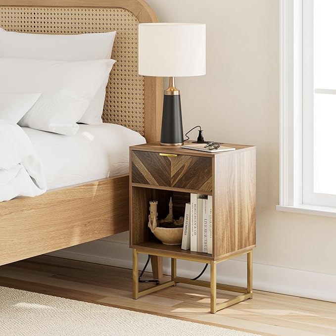 Masupu Nightstand with Charging Station,Modern Night Stand Boho Farmhouse Wood Bedside Table with Storage Drawer Side End Table for Bedroom,Living Room,Office,Walnut Brown with Outlet