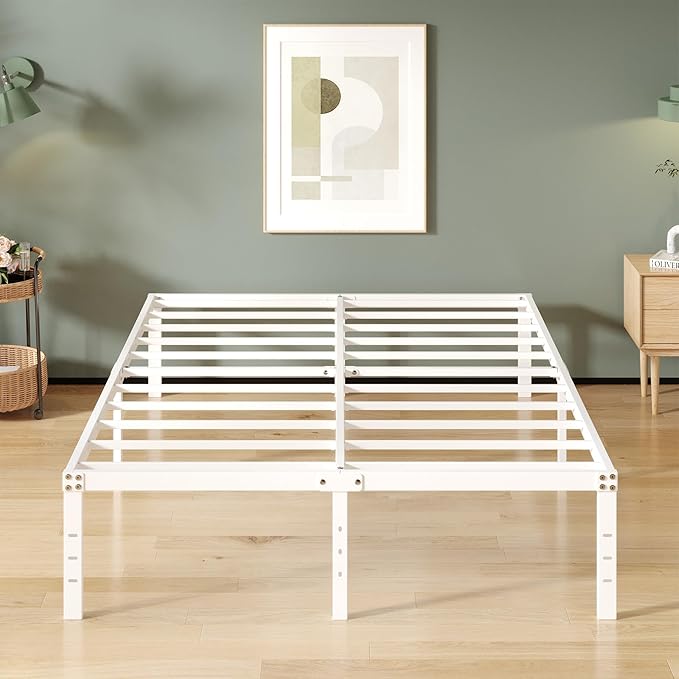 16 Inch White Full Size Bed Frame No Box Spring Need, Metal Platform Full Bed Frames with High Storage, Eassy Assembly 3,500 lbs Heavy Duty Bedframes