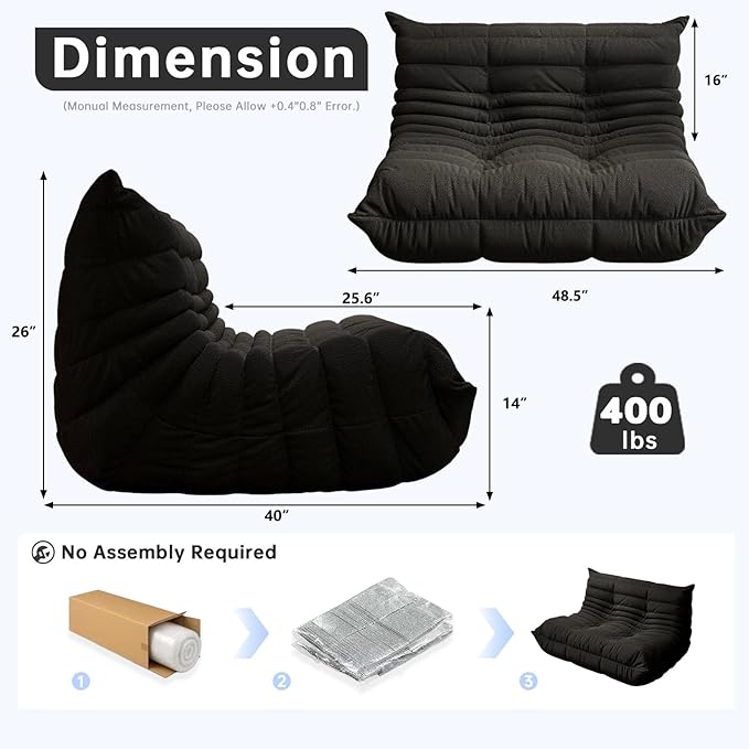 Bean Bag Chairs for Adults, Memory Foam Couch Loveseat Sofa Chair, Soft Teddy Material Cozy Comfy Reading Nook Chairs, Floor Chair for Living Room Bedroom Office(Black)