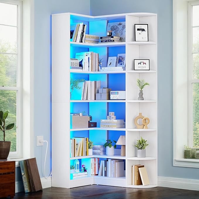YITAHOME Corner Bookshelf with LED Light, 6 Tier Corner Shelf White Bookshelf L-Shaped Bookcase Storage Display Shelf for Home Office, Living Room, White