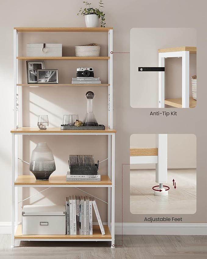 VASAGLE Coffee Bar, 31.5 Inches Baker's Rack for Kitchen with Storage, 6-Tier Kitchen Shelves with 6 Hooks, Microwave Stand, Industrial, Oak Colour and White UKKS019W09