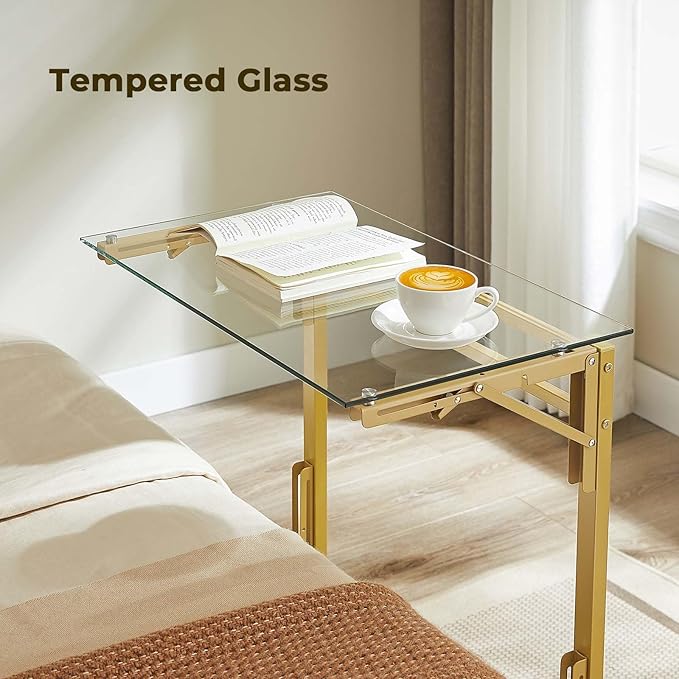 Tatub 24" Folding C Shaped End Table, Small Tempered Glass Side Table for Couch or Bed, Foldable TV Tray Laptop Desk with Gold Metal Frame