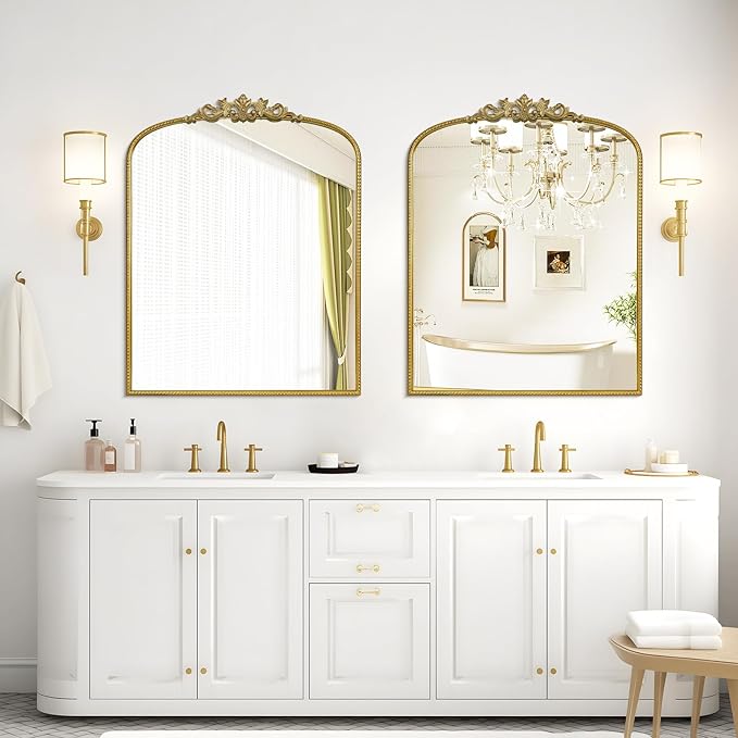 WallBeyond Gold Vintage Mirror for Vanity 28x36 Inch, Gold Antique Mirror with Ornate Frame, Arched Vintage Wall Mirror for Bathroom, Living Room, Fireplace, Entryway