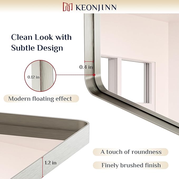 Keonjinn 48 x 36 Brushed Nickel Bathroom Vanity Mirror, Large Rounded Rectangle Bathroom Mirrors for over Sink, Metal Framed Silver Mirror for Wall, Shatterproof HD Tempered Glass(Horizontal/Vertical)