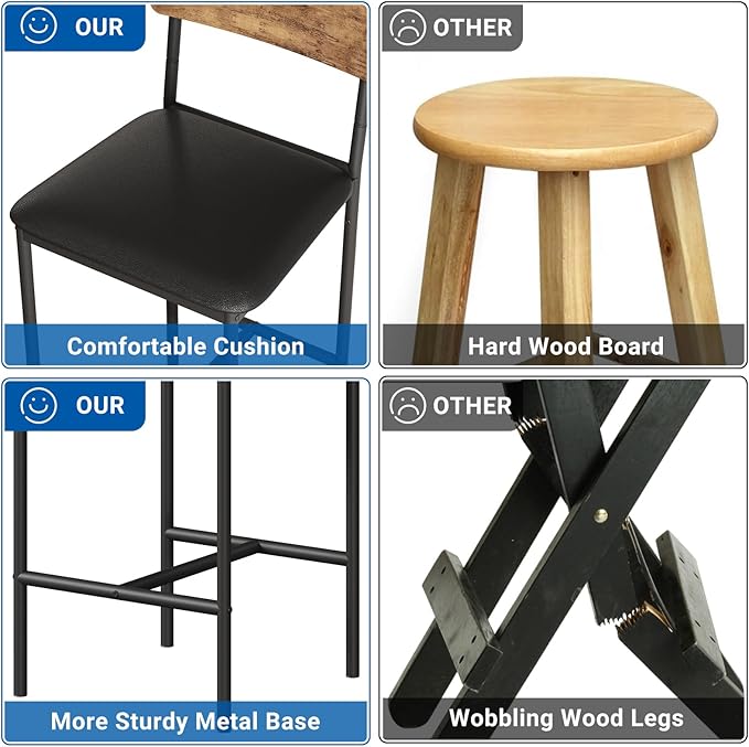 GarveeHome Bar Stools Set of 4, Upholstered Counter Height Bar Stools with Backrest and Footrest, Kitchen Barstools for Island, Counter Bar, Easy Assembly, Rustic Brown