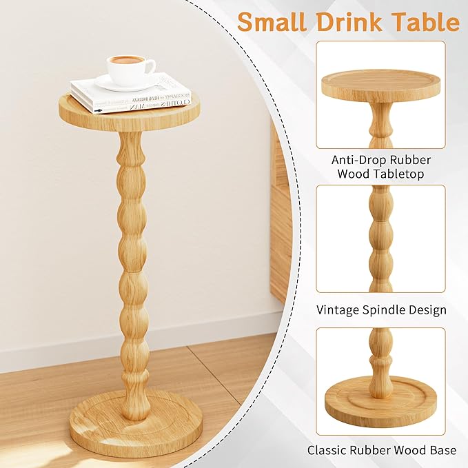 Solid Wood Drink Table, Rubber Wood‌ Small Round Side Table for Small Spaces, Martini Tables, Pedestal End Tables for Living Room, Bedroom, Corners, and Office (Natural, 9.4 inch)