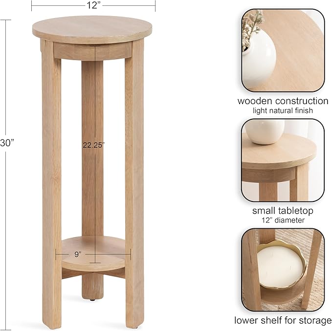 Kate and Laurel Foxford Modern Tiered Round Drink Table, 12 x 12 x 30, Light Natural, Transitional Two-Tier Circle Plant Stand for Use as Living Room Pedestal Table or Small Bedroom Nightstand