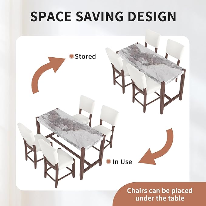 Ball & Cast 5-Piece Dining Table Set for 4,Kitchen Table Set W/Faux Marble Bar Table,Counter Height Living Room Furniture W/ 4 Upholstered Chairs,for Dining Room,Pub Kitchen,Small Place,Beige+White