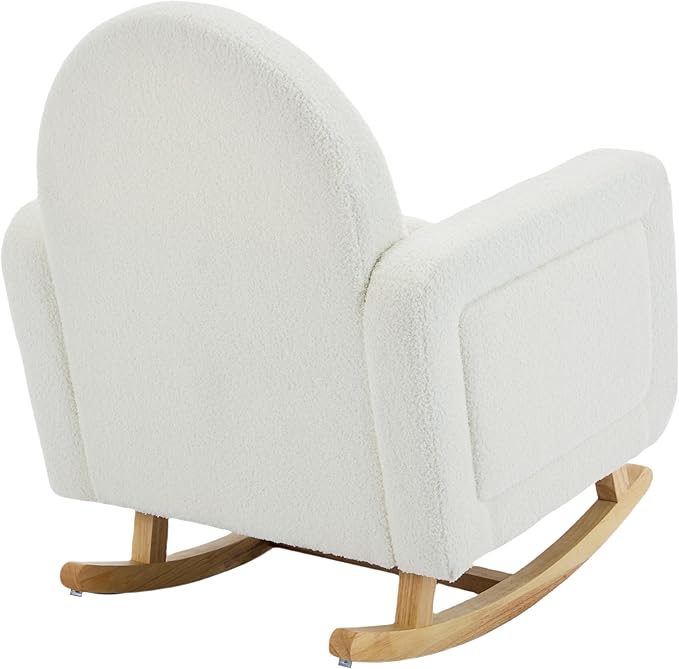 Christopher Knight Home Kiin Wooden Rocking Chair Indoor with Curved Back, Teddy Upholstered Rockers with Pillow, Comfy Accent Chair with Armrest for Bedroom, Living Room, Offices, Cream White