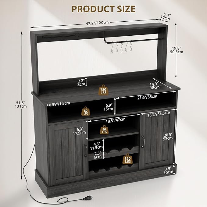 47" Farmhouse Buffet Sideboard Cabinet with Power Outlets Coffee Bar Cabinet with Storage, Large Buffet Storage Cabinet Table with Wine Racks, Goblet Holder, Hooks for Kitchen, Dining Room, Grey