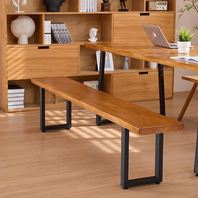 Durable Solid Wood Top Bench with Sturdy Metal Legs – Versatile Dining & Office Seating - Multi-Size Options Ideal for Living Room, Dining Room, and Home Office(Dark yellowbench, 70.87in)