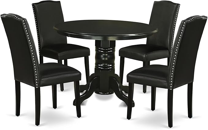East West Furniture SHEN5-BLK-69 5 Piece Dining Room Table Set Includes a Round Kitchen Table with Pedestal and 4 Black Faux Leather Parson Dining Chairs, 42x42 Inch, Black