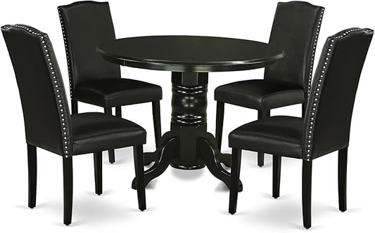 East West Furniture SHEN5-BLK-69 5 Piece Dining Room Table Set Includes a Round Kitchen Table with Pedestal and 4 Black Faux Leather Parson Dining Chairs, 42x42 Inch, Black