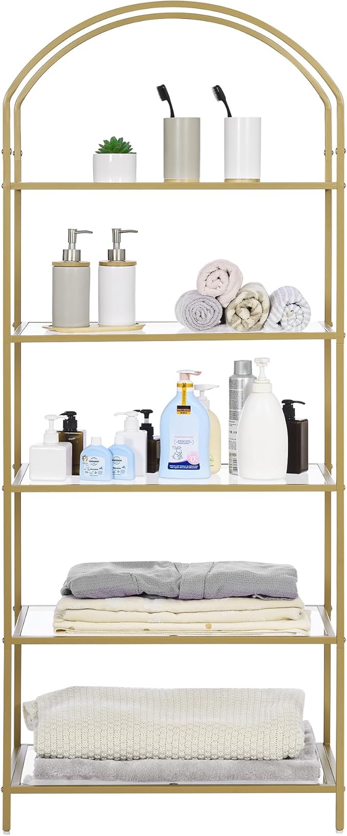 Homhedy Bookshelf Arched Display Racks,Metal Bookcase,Tempered Glass Shelves,Storage Rack Shelf for Home Office,Living Room,Bedroom, Bathroom,Modern Style (Golden, 11.8" D x 23.6" W x 62.2" H)
