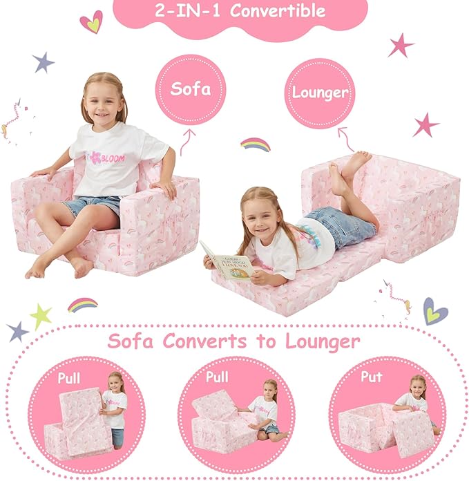 Viviland Kids Chairs for Toddler,2-in-1 Soft Toddler Couch Fold Out,Convertible Soft to Lounger Toddke Chair Comfy for Girls and Boys,Pink Unicorn