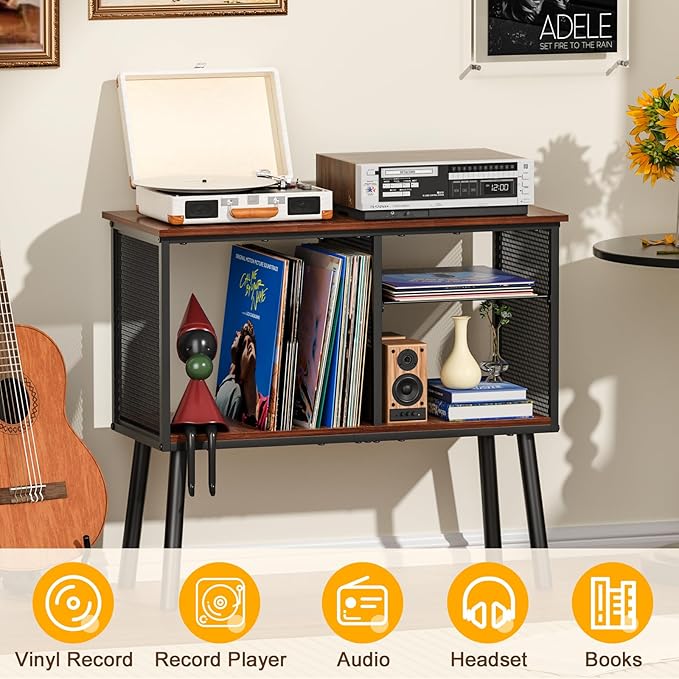 Record Player Stand with Adjustable Divider, Vinyl Storage Holder Up to 200 Albums, Mid-Century Large Record Player Table, Vinyl Holder Turntable Stand End Table Storage Rack for Bedroom & Living Room