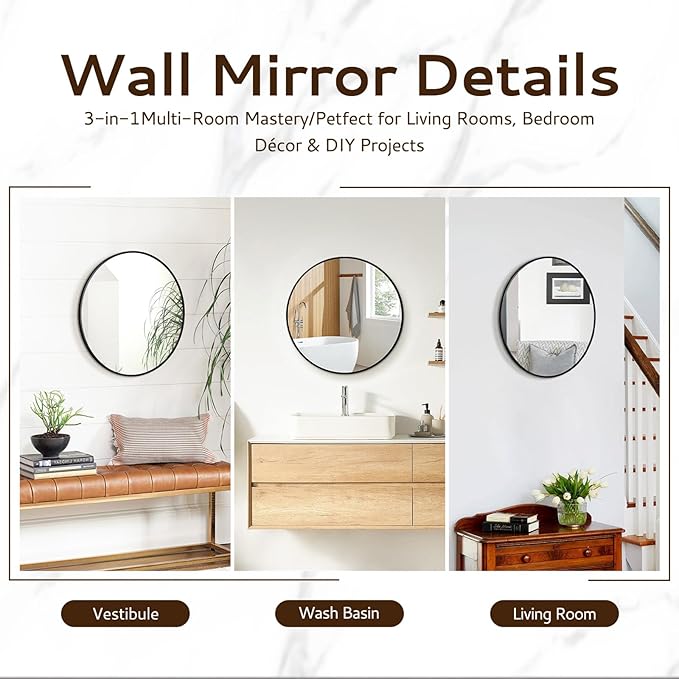 Circle Mirror 16 Inch Black Round Bathroom Mirror Round Bathroom Mirror Circle Mirrors for Wall Decor Frosted Metal Frame Anti-Rust Tempered Glass for Bedroom Living Room Decorative