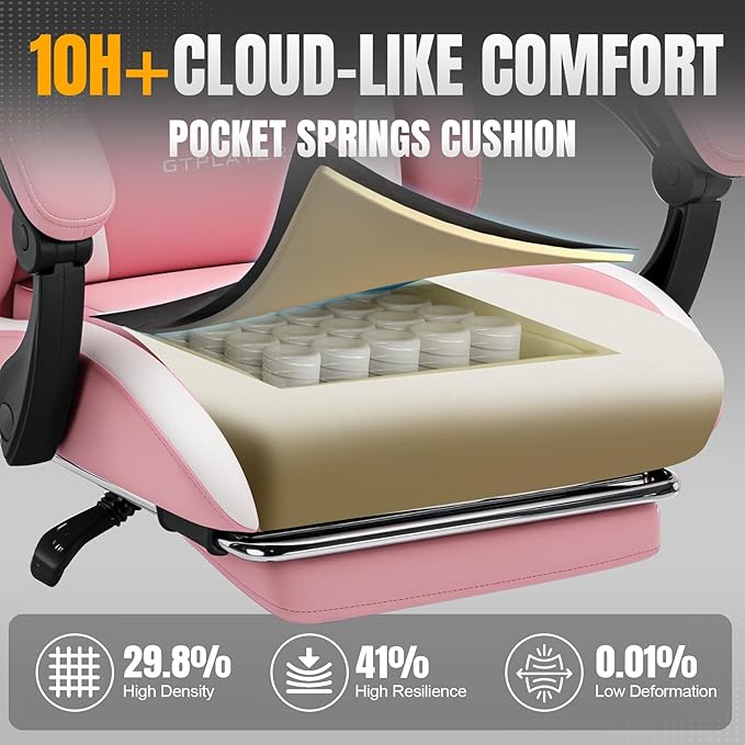 GTRACING Gaming Chair with Foot Rest & Pocket Spring Cushion, Ergonomic High Back Computer Chair with Headrest & 360°-Swivel Seat for Home Office Desk, PU Leather, Pink