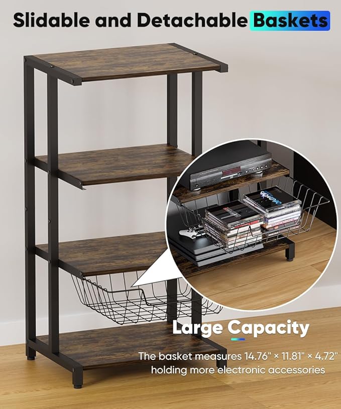 Media Stand with Detachable Baskets, 4-Tier AV Media Stand Corner Shelf for DVD Players/Cable Boxes/Games Consoles, Audio Storage Rack for Living Room, Gaming Room, Music Studio, Black