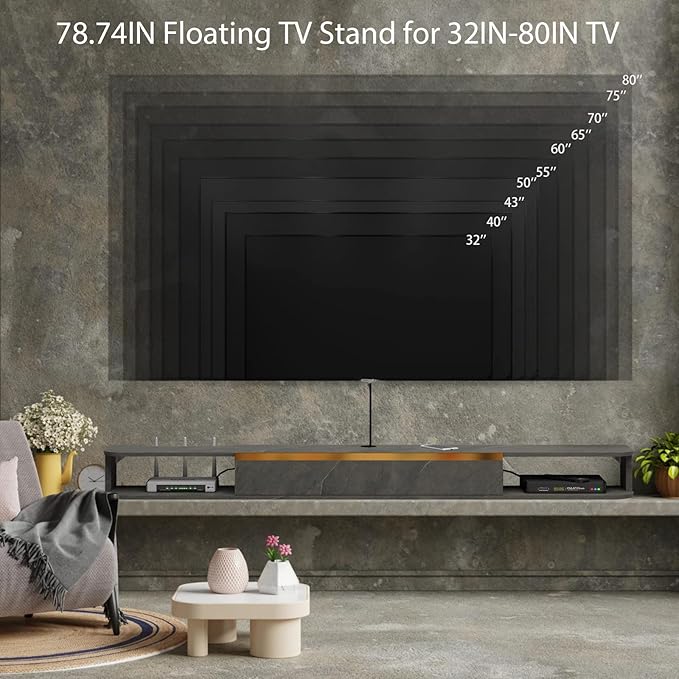 Floating TV Stand, 79'' Wall Mounted Entertainment Center TV Media Console, Floating Shelves with Door, Floating TV Cabinet Large Storage TV Bench for Living Room (Dark Grey, 78.74IN)