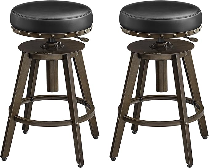 SONGMICS HOME Bar Stools, Set of 2, Steampunk Counter Stool for Kitchen, Adjustable Height and Swivel Padded Seat, Workbench Stool, 16.5 x 19.3 x 24.6-29.3 Inches, Ink Black ULJB096B01