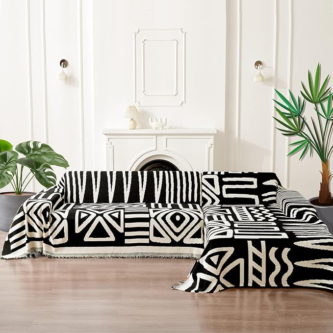 HANDONTIME Boho Armchair Slipcovers for Dogs - Black & Beige Chenille Couch & Sofa Covers for Recliner, Sectional - 59" X 71"