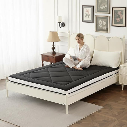 Welnow Japanese Futon Floor Mattress, Thick Twin Size Tatami Mat Portable & Foldable Roll Up Floor Bed Mattress with Storage Bag, Sleeping Pad for Adults, Dorm, Guest Bed, Camping and Travel, Black