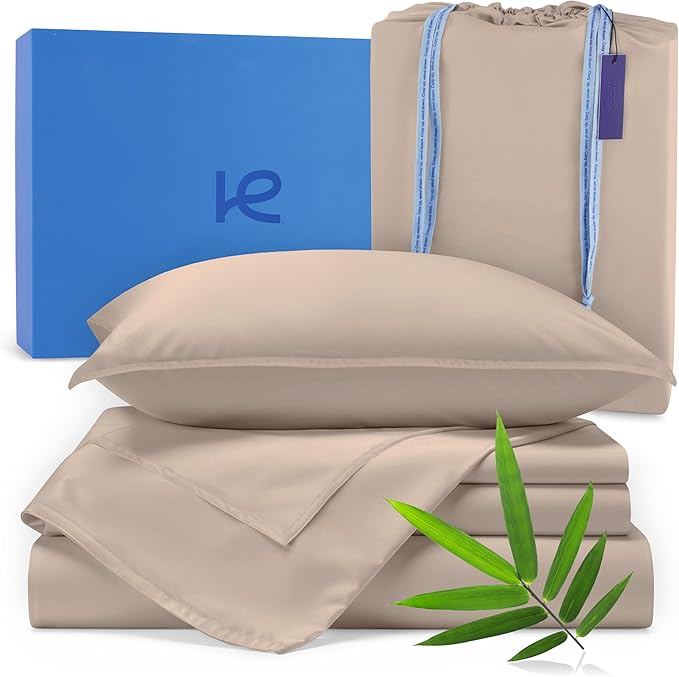 Kickoff Viscose Bamboo Sheets King Size 4-pc 100% Organic Bamboo Viscose Bed Cooling Sheets King Size Set Cool Bedding for hot Sleepers Sheet, Flat, Fitted, Pillowcases (Iced Latte,K)