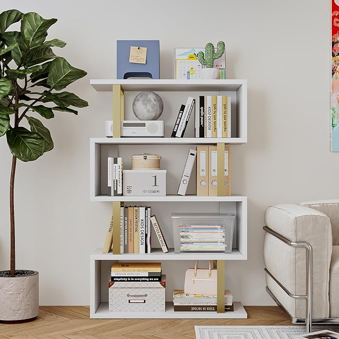 SORCEDAS Bookshelf Geometric Bookcase S Shaped Industrial Bookshelf Storage Display Stand Shelf for Living Room Bedroom and Office Room (White, 4 Tier)