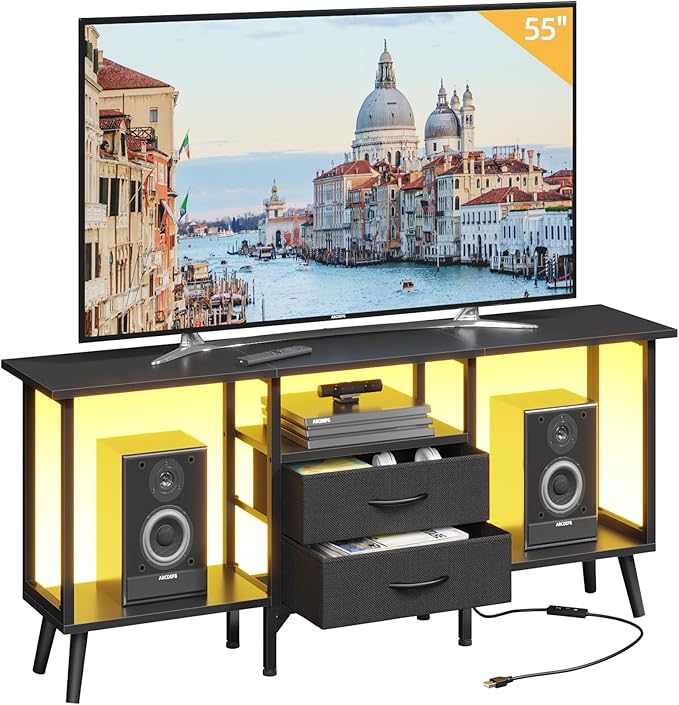 Small TV Stand with Fabric Drawers/LED Light for 55 inch TV, Entertainment Center with Storage Open Shelves，Media Console Table for Living Room, Bedroom, Black