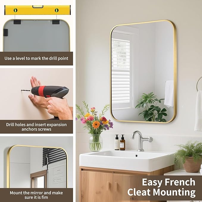 Gold Bathroom Mirror, 16x20 Inch Aluminum Frame Rectangle Mirror, Anti-Rust, Tempered Glass, Wall Mirror for Over Sink, Vanity, Bedroom, Entryway, Horizontal/Vertical