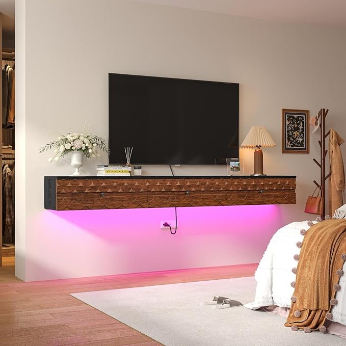 Fully-Assembled Floating TV Stand, Vintage Carved Floating Entertainment Center with Flip-Down Doors & Drawer, Walnut Wood Media Console Shelf Cabinet Under TV Storage for Living Room, 70IN