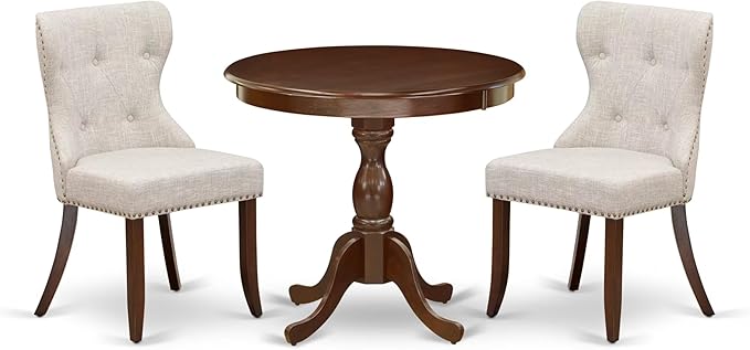 East West Furniture AMSI3-MAH-35 3 Piece Dining Room Table Set Contains a Round Kitchen Table with Pedestal and 2 Doeskin Linen Fabric Parson Dining Chairs, 36x36 Inch, Mahogany
