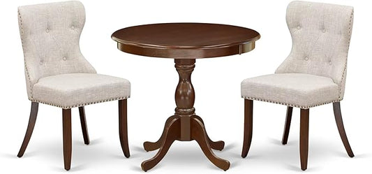 East West Furniture AMSI3-MAH-35 3 Piece Dining Room Table Set Contains a Round Kitchen Table with Pedestal and 2 Doeskin Linen Fabric Parson Dining Chairs, 36x36 Inch, Mahogany