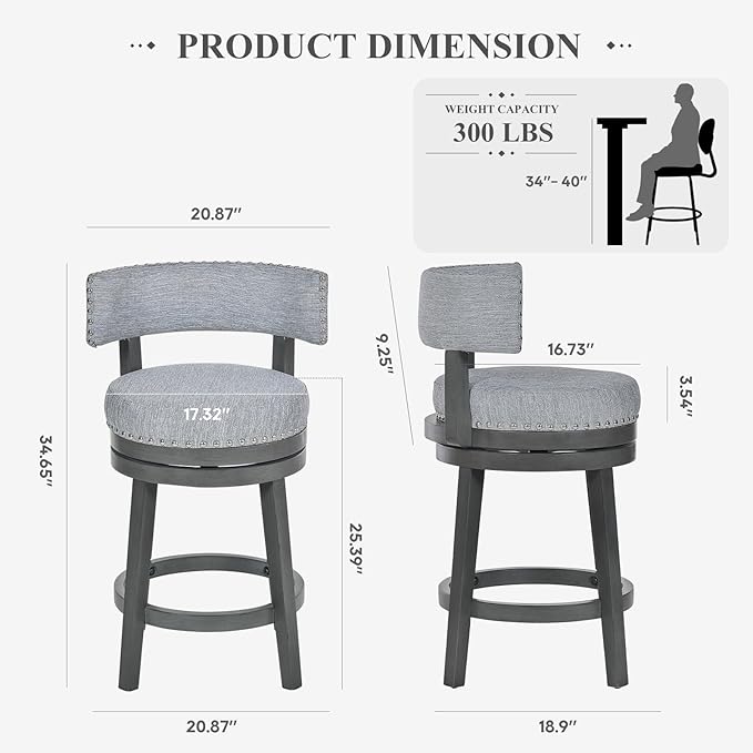 COLAMY Swivel Counter Height Bar Stools Set of 3, 25 Inch Modern Upholstered Kitchen Island Barstools with Back, Wood Swivel Bar Chairs for Counter Bar Dining Room, Grey