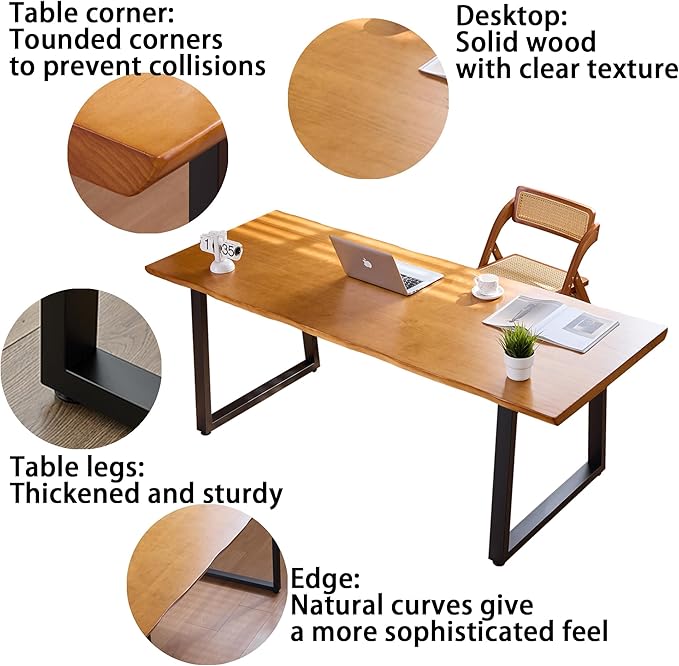 Solid Wood Administrative Computer Desk - Rustic Style Large Office Desk, Modern Minimalist Workstation for Home, Ideal for Learning, Writing, and Professional Use (Dark Yellow, 62.99in)