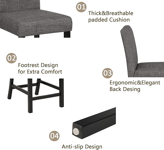 KEIKI 5-Piece Counter Height Dining Table Set with Square Table and 4 Upholstered Curved Backrset Chair, for 4 Person, Modern Wooden Table Set, Easy Assembly, for Kitchen, Dining Room, Black+Gray