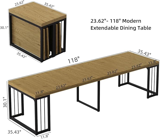KEIKI 23.62" - 118" L Extendable Foldable Dining Room Table for 2-10 People, Wood Modern Rustic Rectangle Expandable Kitchen Living Meeting Room Furniture, 5 Tabletop Length Options