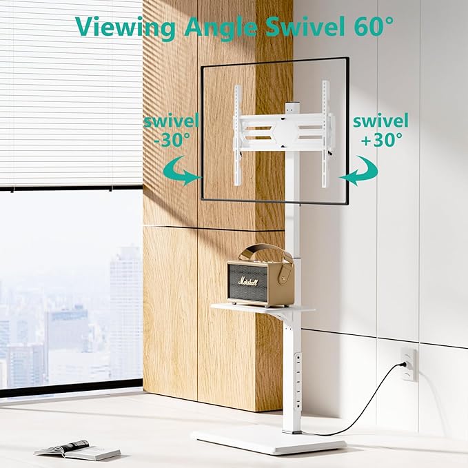 WALI Floor TV Stand with Power Outlet & AV Shelf, Tall TV Stand Mount for 32-75 inch TV up to 110 lbs, Swivel and Height Adjustable TV Stands with Wood Base for Bedroom, Office(TVDVD-6PW), White