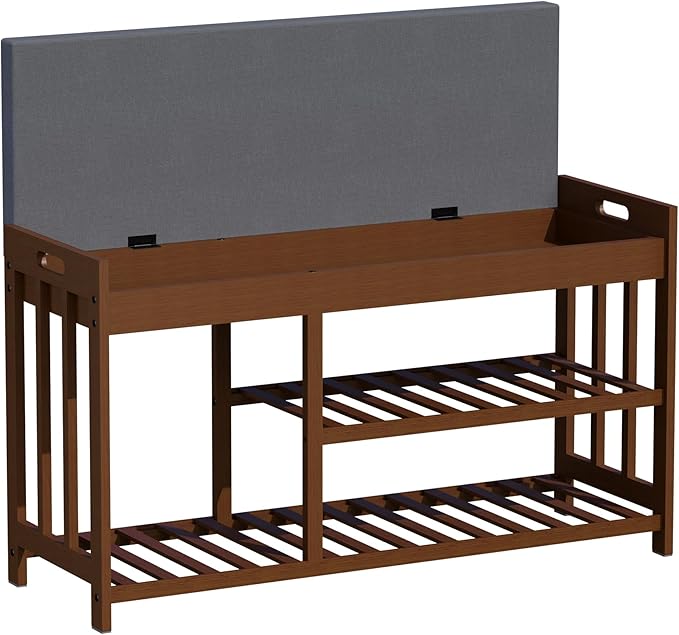 Shoe Rack Bench with Cushion,2 Tiers Shoe Bench with Flip-Top Storage,Wood Shoe Rack for Entryway, Hallway, Bedroom, Front Door Entrance (Brown)